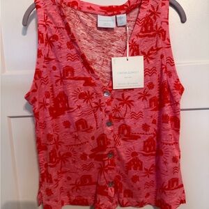 Cynthia Rowley Pink with Red Tropical Button-Front linen Tank NWT size L
